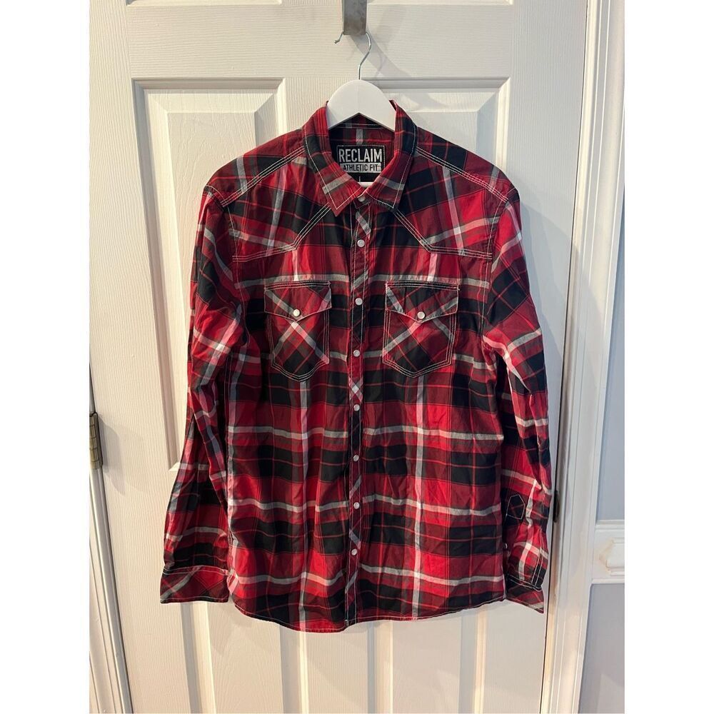 Reclaim Black & Red Plaid Pearl Snap Button Down Shirt sz L EUC